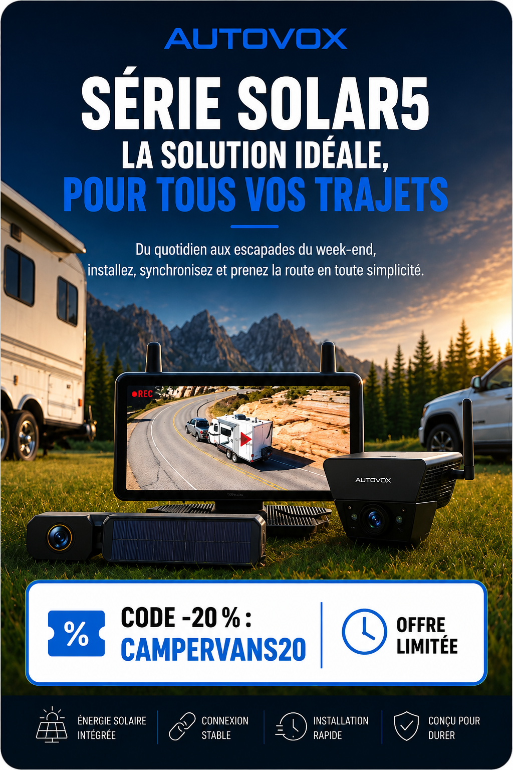 AUTO-VOX Solar5 avec code promo CAMPERVANS20 offrant 20 % de réduction